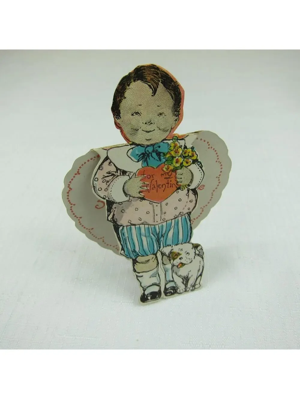 Vintage Valentine Boy Dog Yellow Flowers Stand Up Diecut 1920s-30s UNSIGNED